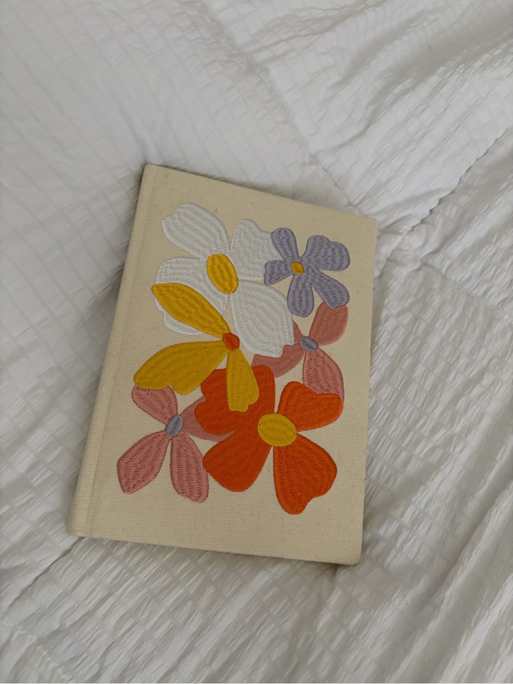 Embroidered Floral Canvas Notebook - Cream with Multi-Color Flowers